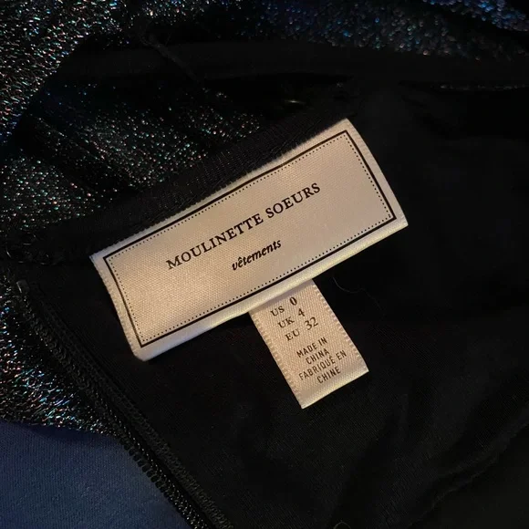 Moulinette Souers Anthropologie metallic shimmer evening dress blue black sz 0 - Picture 7 of 11